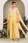 Buy_Sue Mue_Yellow Georgette Embroidery V-neck Pastel Jumpsuit _at_Aza_Fashions