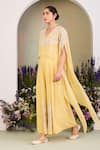Buy_Sue Mue_Yellow Georgette Embroidery V-neck Pastel Jumpsuit _Online_at_Aza_Fashions