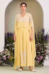 Sue Mue_Yellow Georgette Embroidery V-neck Pastel Jumpsuit _at_Aza_Fashions