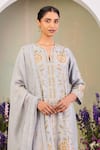 Sue Mue_Blue Silk, Embroidery Round Neck Ice Kurta Set _Online_at_Aza_Fashions
