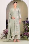 Buy_Sue Mue_Green Silk, Silk, Embroidery Round Sage Floral Kurta Set _at_Aza_Fashions