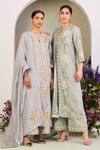 Shop_Sue Mue_Green Silk, Silk, Embroidery Round Sage Floral Kurta Set _Online_at_Aza_Fashions