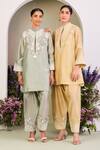 Shop_Sue Mue_Yellow Chanderi, Silk Applique, Embroidery Mandarin Pastel Appliqué Kurta Set _Online_at_Aza_Fashions