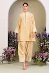 Sue Mue_Yellow Chanderi, Silk Applique, Embroidery Mandarin Pastel Appliqué Kurta Set _at_Aza_Fashions