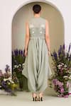 Shop_Sue Mue_Green Chanderi Embroidery Open , Round Sage Jumpsuit And Gilet Set _at_Aza_Fashions