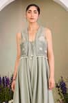 Sue Mue_Green Chanderi Embroidery Open , Round Sage Jumpsuit And Gilet Set _Online_at_Aza_Fashions
