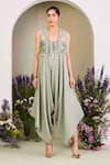 Buy_Sue Mue_Green Chanderi Embroidery Open , Round Sage Jumpsuit And Gilet Set _at_Aza_Fashions