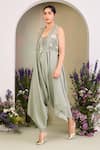 Buy_Sue Mue_Green Chanderi Embroidery Open , Round Sage Jumpsuit And Gilet Set _Online_at_Aza_Fashions