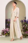 Shop_Sue Mue_Beige Silk, Embroidery V-, Round Jumpsuit And Jacket _Online_at_Aza_Fashions