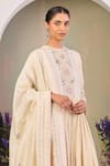 Sue Mue_Yellow Chanderi, Silk Sequins, Beads Round Neck Light Embroidered Anarkali Set _Online_at_Aza_Fashions