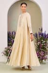 Shop_Sue Mue_Yellow Chanderi, Silk Sequins, Beads Round Neck Light Embroidered Anarkali Set _Online_at_Aza_Fashions