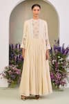 Sue Mue_Yellow Chanderi, Silk Sequins, Beads Round Neck Light Embroidered Anarkali Set _at_Aza_Fashions