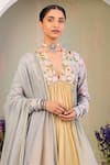 Sue Mue_Multi Color Chanderi, Silk Embroidery V-neck Floral Anarkali Set _Online_at_Aza_Fashions