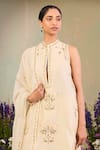 Sue Mue_Yellow Chanderi, Handloom Cotton, Silk Embroidery High Neck Floral Kurta Set _Online_at_Aza_Fashions