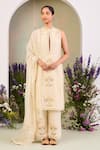 Buy_Sue Mue_Yellow Chanderi, Handloom Cotton, Silk Embroidery High Neck Floral Kurta Set _at_Aza_Fashions