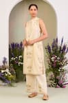 Shop_Sue Mue_Yellow Chanderi, Handloom Cotton, Silk Embroidery High Neck Floral Kurta Set _Online_at_Aza_Fashions