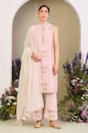 Buy_Sue Mue_Pink Handloom Cotton, Silk Embroidery High Neck Floral Kurta Set _at_Aza_Fashions