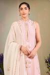 Sue Mue_Pink Handloom Cotton, Silk Embroidery High Neck Floral Kurta Set _Online_at_Aza_Fashions