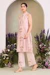 Buy_Sue Mue_Pink Handloom Cotton, Silk Embroidery High Neck Floral Kurta Set _Online_at_Aza_Fashions