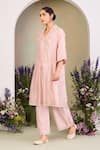 Buy_Sue Mue_Pink Handloom Cotton, Silk, Chanderi Embroidery, Zari V-neck Pastel Kurta Set _Online_at_Aza_Fashions