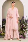 Buy_Sue Mue_Pink Handloom Cotton, Silk, Chanderi Embroidery, Zari V-neck Pastel Kurta Set _at_Aza_Fashions