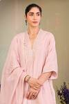 Shop_Sue Mue_Pink Handloom Cotton, Silk, Chanderi Embroidery, Zari V-neck Pastel Kurta Set _Online_at_Aza_Fashions