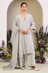 Buy_Sue Mue_Blue Silk, Embroidery V-neck Ice Kurta Set _at_Aza_Fashions