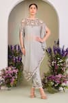 Buy_Sue Mue_Blue Chanderi, Cotton, Silk Embroidery, Zari Round Neck Ice Kaftan Set _at_Aza_Fashions
