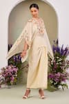 Buy_Sue Mue_Yellow Chanderi, Cotton Embroidery, Zari V-neck Light Kaftan Set _at_Aza_Fashions