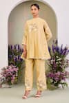 Buy_Sue Mue_Yellow Silk, Embroidery Round Neck Pastel Floral Kurta Set _at_Aza_Fashions