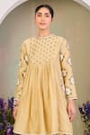 Shop_Sue Mue_Yellow Silk Beads, Embroidery Round Neck Pastel Floral Kurta Set _Online_at_Aza_Fashions