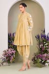 Sue Mue_Yellow Silk Beads, Embroidery Round Neck Pastel Floral Kurta Set _at_Aza_Fashions