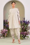 Buy_Sue Mue_Cream Handloom Cotton Embroidery, Beads Round Neck Floral Kurta Set _at_Aza_Fashions
