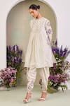 Sue Mue_Cream Handloom Cotton Embroidery, Beads Round Neck Floral Kurta Set _at_Aza_Fashions