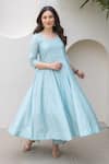 Buy_ASRUMO_Blue Chanderi Embroidery Round Neck Powder Anarkali Set _Online_at_Aza_Fashions