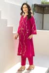 Shop_ASRUMO_Magenta Chanderi Sequins V-neck Rani Bagh Embroidered Co-ord Set _Online_at_Aza_Fashions