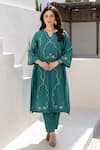 Buy_ASRUMO_Green Chanderi Embroidery Split V-neck Teal Noor Co-ord Set _at_Aza_Fashions