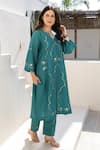 ASRUMO_Green Chanderi Embroidery Split V-neck Teal Noor Co-ord Set _at_Aza_Fashions