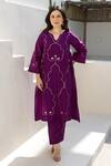 ASRUMO_Purple Chanderi Embroidery V-neck Royal Plum Co-ord Set _at_Aza_Fashions