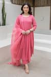 Buy_ASRUMO_Pink Cotton Mirrors Round Neck Neon Mulmul Anarkali Set _at_Aza_Fashions