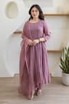 Shop_ASRUMO_Lilac Cotton Embroidery Round Neck Lavender Mist Mulmul Anarkali Set _Online_at_Aza_Fashions