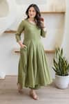 ASRUMO_Olive Green Cotton Mirrors, Embroidery Round Neck Mulmul Anarkali Suit Set _Online_at_Aza_Fashions