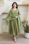 Shop_ASRUMO_Olive Green Cotton Mirrors, Embroidery Round Neck Mulmul Anarkali Suit Set _Online_at_Aza_Fashions