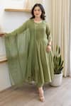 Buy_ASRUMO_Olive Green Cotton Mirrors, Embroidery Round Neck Mulmul Anarkali Suit Set _at_Aza_Fashions