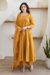 Buy_ASRUMO_Mustard Cotton Embroidery, Sequins Round Neck Sunlit Mulmul Anarkali Set _at_Aza_Fashions