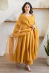 ASRUMO_Mustard Cotton Embroidery, Sequins Round Neck Sunlit Mulmul Anarkali Set _at_Aza_Fashions