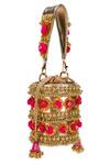 Buy_5elements_Gold Zari, Tassels, Fabric Flowers Pompom Handbag _Online_at_Aza_Fashions