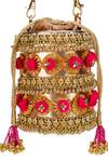 Buy_5elements_Gold Zari, Tassels, Fabric Flowers Pompom Handbag 
