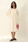 Buy_Payal Pratap_Ivory Handloom Cotton Embroidery Round Neck Pleated Yoke Midi Dress _at_Aza_Fashions