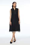 Buy_Payal Pratap_Black Linen Split V-neck Cymosa Yoke Pleated Midi Dress _at_Aza_Fashions